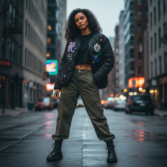 First Row Denim Sunshine Black Quilted Jacket Small Streetwear Bomber NWT - Picture 12 of 12